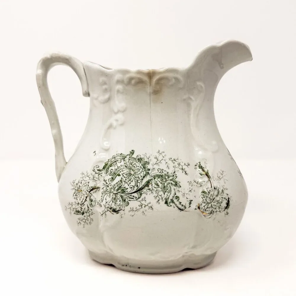 Antique Wick China Co Aurora Ironstone Pitcher Green Transferware Floral Gilt